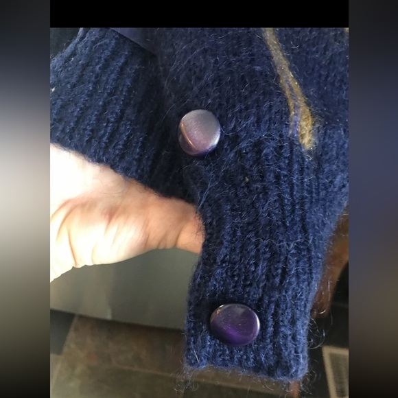 Blue FUZZY COQUETTE button Cardigan Sweater tan wide plaid Pink Rose women’s M L - Picture 5 of 11